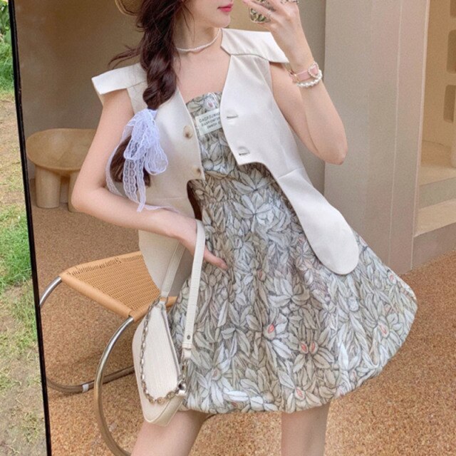 Vintage Fashion Two Piece Sets Women Irregular Three-dimensional  Vest Jacket + Print Suspender Dress Suits Conjuntos De Vestido