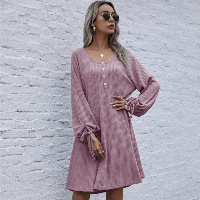 Vintage Fashion Women's Dress Casual Loose O Neck Lantern Long Sleeve Drawstring Bandage Dress Lady Spring New Solid Knit Dress