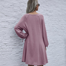 Load image into Gallery viewer, Vintage Fashion Women&#39;s Dress Casual Loose O Neck Lantern Long Sleeve Drawstring Bandage Dress Lady Spring New Solid Knit Dress