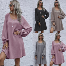 Load image into Gallery viewer, Vintage Fashion Women&#39;s Dress Casual Loose O Neck Lantern Long Sleeve Drawstring Bandage Dress Lady Spring New Solid Knit Dress