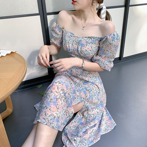 Vintage Floral Dress Women Summer Designer Off The Should Split Elegant Dress 2021 Chic Party Midi Cottagecore Sweet Dress Boho