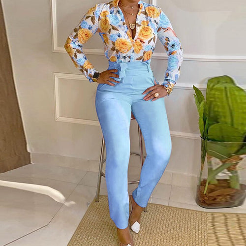 Vintage Floral Print Blouses Shirt And Slim Pants Suits Women Elegant Two Piece Set 2021 Summer Office Ladies Outfits Streetwear