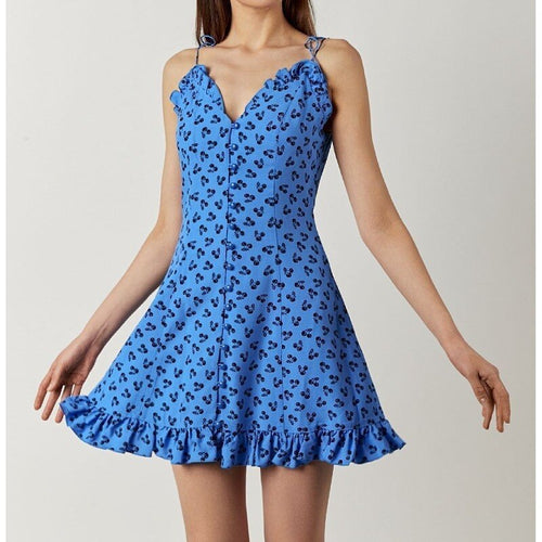 Vintage French Patchwork Print Sling Dress Office Lady Sexy V Nekc Ruffle Single Breasted Women Vestido Elegant Fairy Core