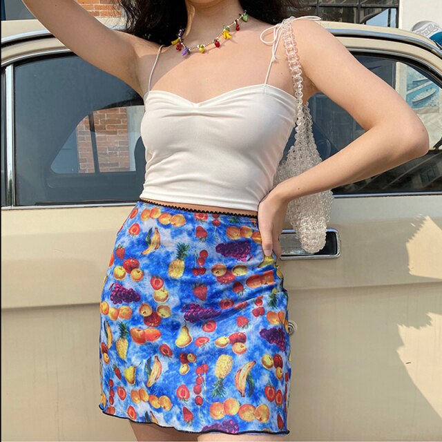 Vintage Fruit Print Blue Tie Dye Mesh Skirts Women Aesthetics Higt Waist Lace Ruffles A Line Sexy Mini E Girl Skirt Y2k Clothes