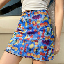 Load image into Gallery viewer, Vintage Fruit Print Blue Tie Dye Mesh Skirts Women Aesthetics Higt Waist Lace Ruffles A Line Sexy Mini E Girl Skirt Y2k Clothes