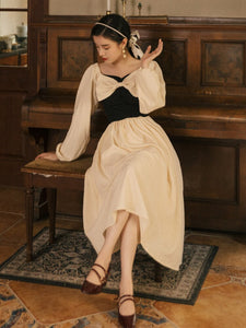 Vintage Jacquard Woman Dress Romantic Bow Lantern Sleeve Square Collar Elegant Lady Midi Dresses Party Night Vestido Festa