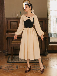 Vintage Jacquard Woman Dress Romantic Bow Lantern Sleeve Square Collar Elegant Lady Midi Dresses Party Night Vestido Festa