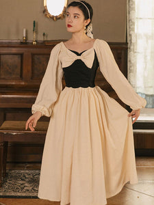 Vintage Jacquard Woman Dress Romantic Bow Lantern Sleeve Square Collar Elegant Lady Midi Dresses Party Night Vestido Festa