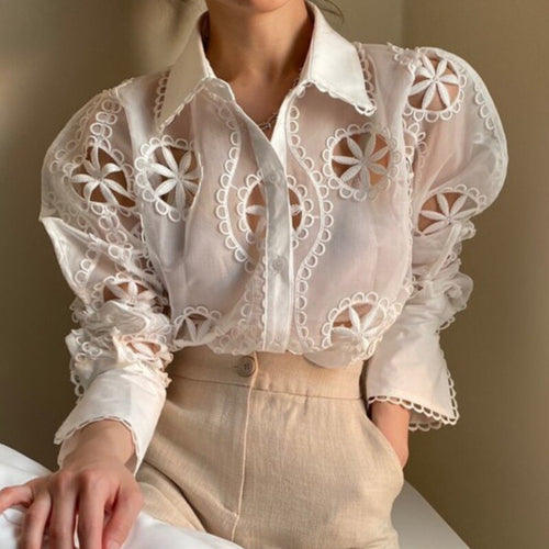 Vintage Lace Hollowed Out Lantern Sleeve Lapel Shirt Korean Style Chic Elegant Blouse Female Office Lady All Match Blusas Mujer