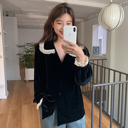 Vintage Lace Patchwork Velvet Blouse Women Turn Down Collar Long Sleeve Elegant Korean Style Woman Shirts Spring Autumn Tops