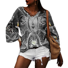 Load image into Gallery viewer, Vintage Long Sleeve Print Shirt Blouse Spring Autumn Fashion V-neck Folk Top Femme Blue Casual Beach Loose Shirts Top Women 2021