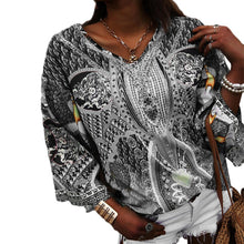 Load image into Gallery viewer, Vintage Long Sleeve Print Shirt Blouse Spring Autumn Fashion V-neck Folk Top Femme Blue Casual Beach Loose Shirts Top Women 2021