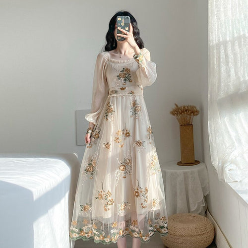 Vintage Mesh Fairy Dress Retro Embroidery Floral Petal Sleeve Ruffles Collar Casual Dresses For Party Night Vestido Festa