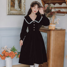 Load image into Gallery viewer, Vintage Niche Temperament Black Velvet Dress Female Long Sleeved 2021 Autumn New Ruffled Pleated Lapels Elegant Midi Dress Femme