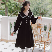 Load image into Gallery viewer, Vintage Niche Temperament Black Velvet Dress Female Long Sleeved 2021 Autumn New Ruffled Pleated Lapels Elegant Midi Dress Femme