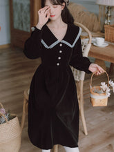 Load image into Gallery viewer, Vintage Niche Temperament Black Velvet Dress Female Long Sleeved 2021 Autumn New Ruffled Pleated Lapels Elegant Midi Dress Femme