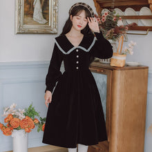 Load image into Gallery viewer, Vintage Niche Temperament Black Velvet Dress Female Long Sleeved 2021 Autumn New Ruffled Pleated Lapels Elegant Midi Dress Femme