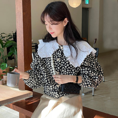 Vintage Peter Pan Collar Floral Blouse Women Puff Sleeve Loose Casual All Match Korean Style Woman Shirts Sweet Elegant Blusas
