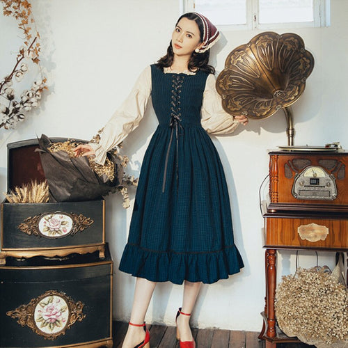 Vintage Prairie Chic Style Green Plaid Women Dress Retro Lantern Sleeve Square Collar Mori Girl Dresses For Slim Lady Vestidos