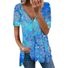 Load image into Gallery viewer, Vintage Print Blouses Women 2021 Tops Summer Zipper V-neck Blouse Shirt Women&#39;s Tunic Casual Loose Blusas Mujer