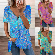Load image into Gallery viewer, Vintage Print Blouses Women 2021 Tops Summer Zipper V-neck Blouse Shirt Women&#39;s Tunic Casual Loose Blusas Mujer