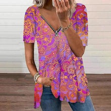 Load image into Gallery viewer, Vintage Print Blouses Women 2021 Tops Summer Zipper V-neck Blouse Shirt Women&#39;s Tunic Casual Loose Blusas Mujer