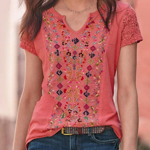 Vintage Print Hollow Out Short Sleeve Women Tshirts V-neck Loose Summer Tee shirts Streetwear Casual 2021 New Tops Tees