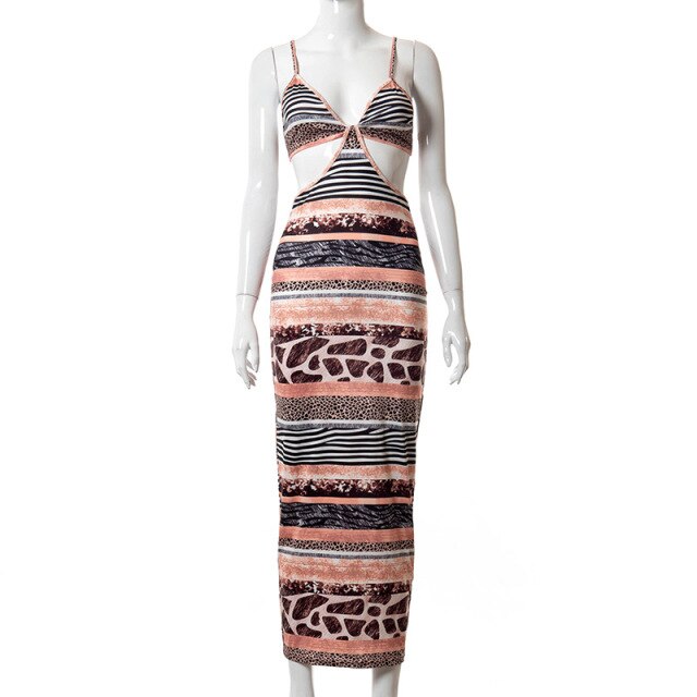 Vintage Strap Print Sexy Bodycon Long Dress Women Backless Cut Out Vacation Midi Dresses 2021 Summer Casual Party Beach Sundress