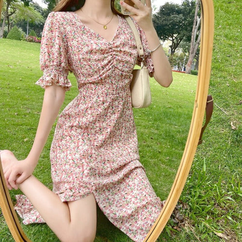 Vintage Summer Boho Dress Women Elegant Floral V-neck Korean Sweet Split Dress Female French Retro Casual Party Beach Dress 2021