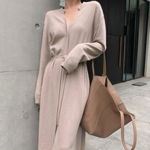 Load image into Gallery viewer, Vintage Women Knitted Dress Autumn Winter V-Neck Warm Long Sweater Drawstring Lace-up Loose Midi Female Sweater Dress 2021