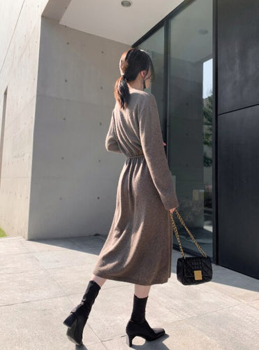 Vintage Women Knitted Dress Autumn Winter V-Neck Warm Long Sweater Drawstring Lace-up Loose Midi Female Sweater Dress 2021