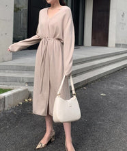 Load image into Gallery viewer, Vintage Women Knitted Dress Autumn Winter V-Neck Warm Long Sweater Drawstring Lace-up Loose Midi Female Sweater Dress 2021