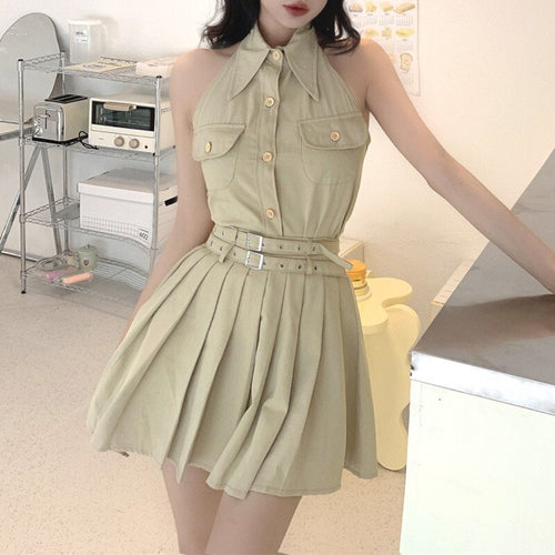 Vintage Workwear Two Piece Sets Short Halter Single Breasted Vest Top High Waist Pleated Skirt Suits 2021 Summer Ensembles Femme