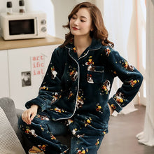 Load image into Gallery viewer, Warm Winter Pajamas Set Women Sleepwear Warm Flannel Long Sleeves Pajamas Dark Blue Homewear Thick Home Suit M L XL XXL XXXL