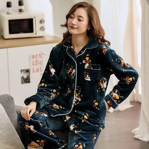 Warm Winter Pajamas Set Women Sleepwear Warm Flannel Long Sleeves Pajamas Dark Blue Homewear Thick Home Suit M L XL XXL XXXL