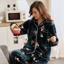 Load image into Gallery viewer, Warm Winter Pajamas Set Women Sleepwear Warm Flannel Long Sleeves Pajamas Dark Blue Homewear Thick Home Suit M L XL XXL XXXL