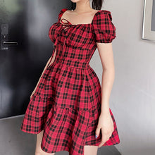 Load image into Gallery viewer, Western Style Summer New Square Collar Lattice Color Contrast High Waist Tight Lace High Waist Puff Sleeve Women&#39;s Dress