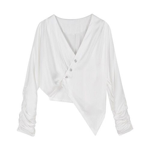 White Casual Elegant Blouse Autumn 2021 Long Sleeve France Korean Chic Blouse Women Irregular High Street Designer Clothing 2021