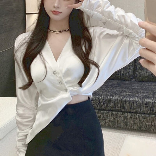 White Casual Elegant Blouse Autumn 2021 Long Sleeve France Korean Chic Blouse Women Irregular High Street Designer Clothing 2021