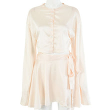 Load image into Gallery viewer, White Elegant Satin 2 Two Piece Set Women Lantern Long Sleeves Crop Tops Cardigan Sexy High Waist Mini Tennis Sports Skirts 2022