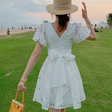 Load image into Gallery viewer, White Embroidery Hollow Out Lace A-Line Dress 2021 Women V-Neck Puff Sleeve Single-Breasted High Waist Slim Beach Mini Dress