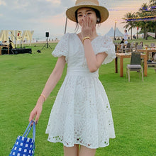 Load image into Gallery viewer, White Embroidery Hollow Out Lace A-Line Dress 2021 Women V-Neck Puff Sleeve Single-Breasted High Waist Slim Beach Mini Dress
