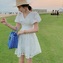 Load image into Gallery viewer, White Embroidery Hollow Out Lace A-Line Dress 2021 Women V-Neck Puff Sleeve Single-Breasted High Waist Slim Beach Mini Dress