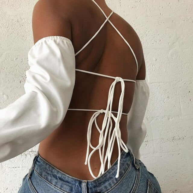 White Halter Sexy Backless Women Top Blouse Shirts Autumn Lantern Sleeve Bandage Lacing Crop Tops Fashion Blusas