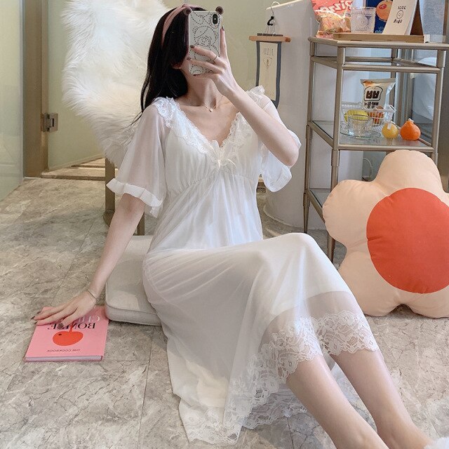 White Long Sleepwear Lace Women Vintage Nighty Ladies Elegant Japanese Nightgowns Sexy Hot Erotic Homewear Suit Ruffles Lolita