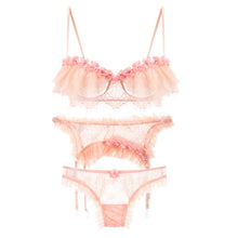 Load image into Gallery viewer, White Pink Sexy Lingerie Bra and Panty Set with Suspenders Lace Perspective Flowers Grooming Edge Attractive Woman Bras Set