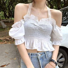 Load image into Gallery viewer, White Sexy Y2k Strap Blouse Tops Women Korean Folds Elegant Sweet Mini Blouse Shirt Summer French Casual backless Party Blouse