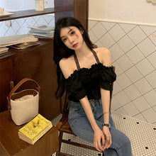 Load image into Gallery viewer, White Sexy Y2k Strap Blouse Tops Women Korean Folds Elegant Sweet Mini Blouse Shirt Summer French Casual backless Party Blouse