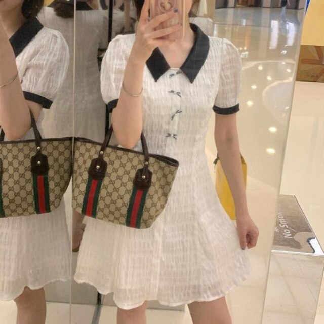 White Splicing Dresses For Women Bow Folds Elegant Tender Lady Classy Casual Lovely Puff Sleeve Stylish Ulzzang Chic Streetwear