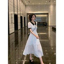 Load image into Gallery viewer, White Splicing Dresses For Women Bow Folds Elegant Tender Lady Classy Casual Lovely Puff Sleeve Stylish Ulzzang Chic Streetwear